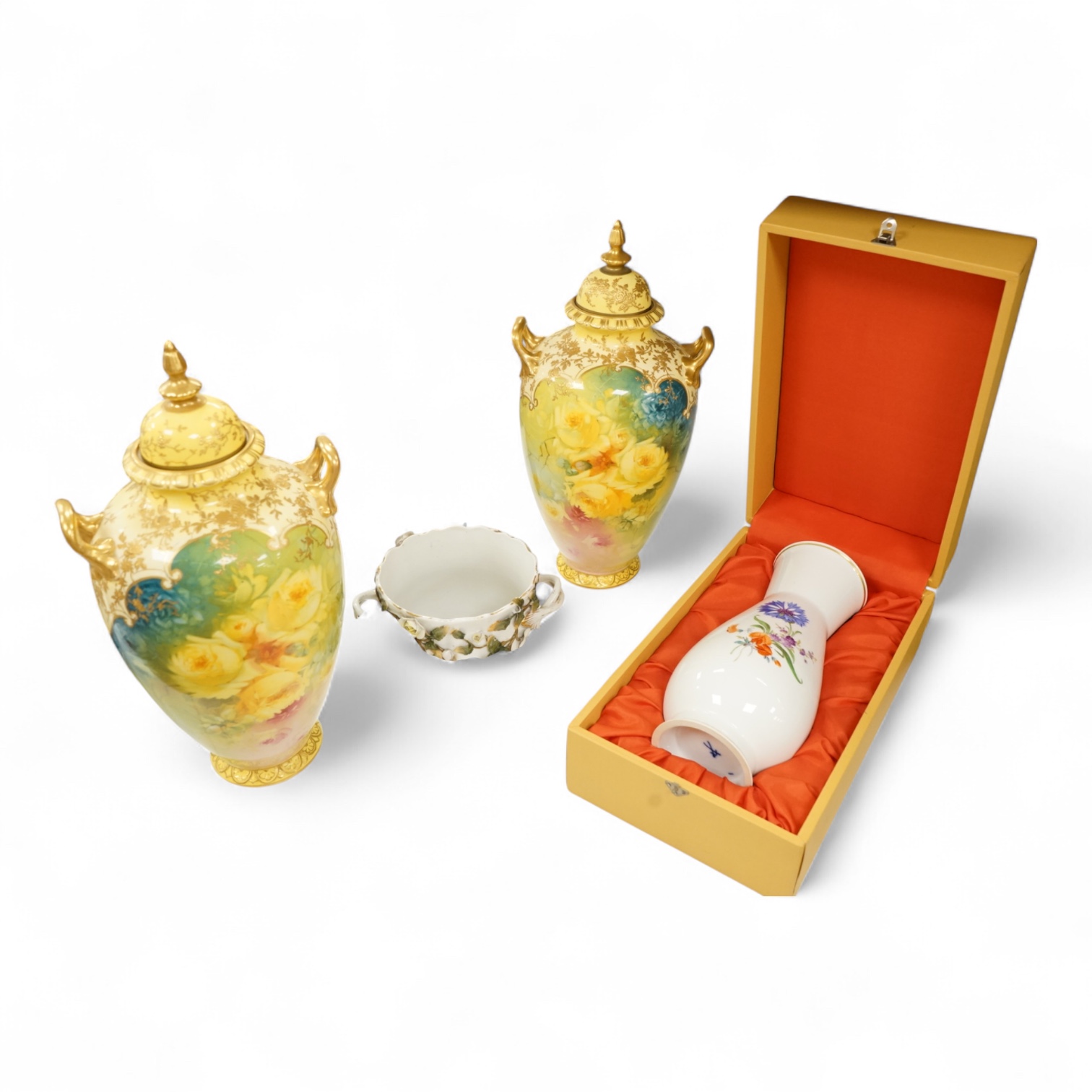 A pair of Bonn floral vases and covers, a modern Meissen vase, and an encrusted Sitzendorf vase, largest 35cm high